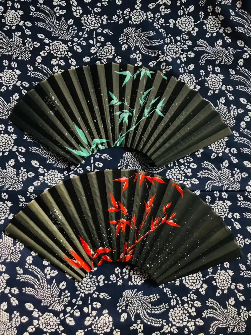 手绘万年黑竹子雪竹扇面文玩折扇扇面.