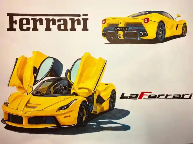 汽车手绘法拉利金属黄laferrari
