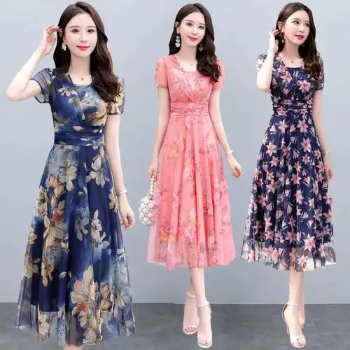 花色大码2021新品超仙收腰显瘦轻熟气质裙子短袖冰丝连衣裙女夏装