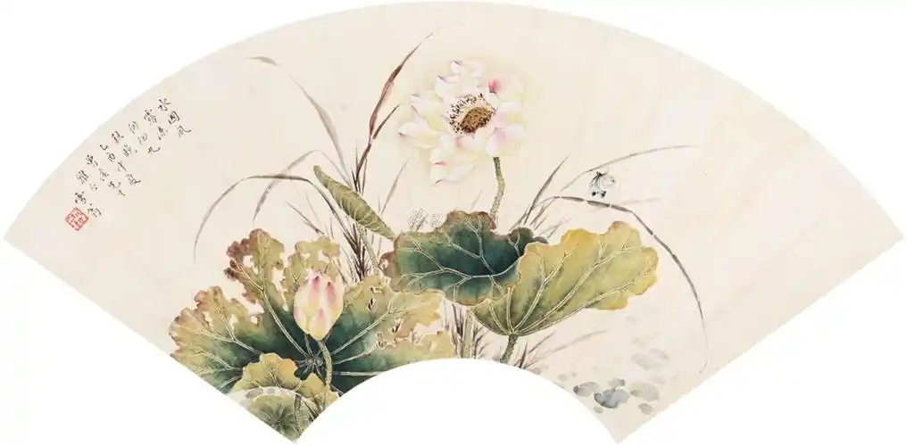 0747荷花扇面设色纸本