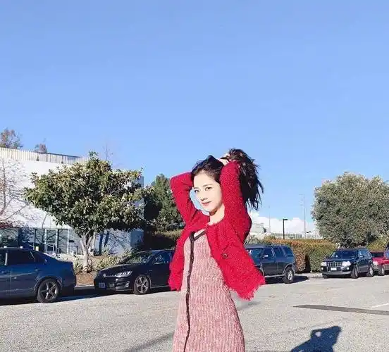 金智秀晒旅游库存照,穿粗呢连衣裙配大红色外套,阳光下明艳动人