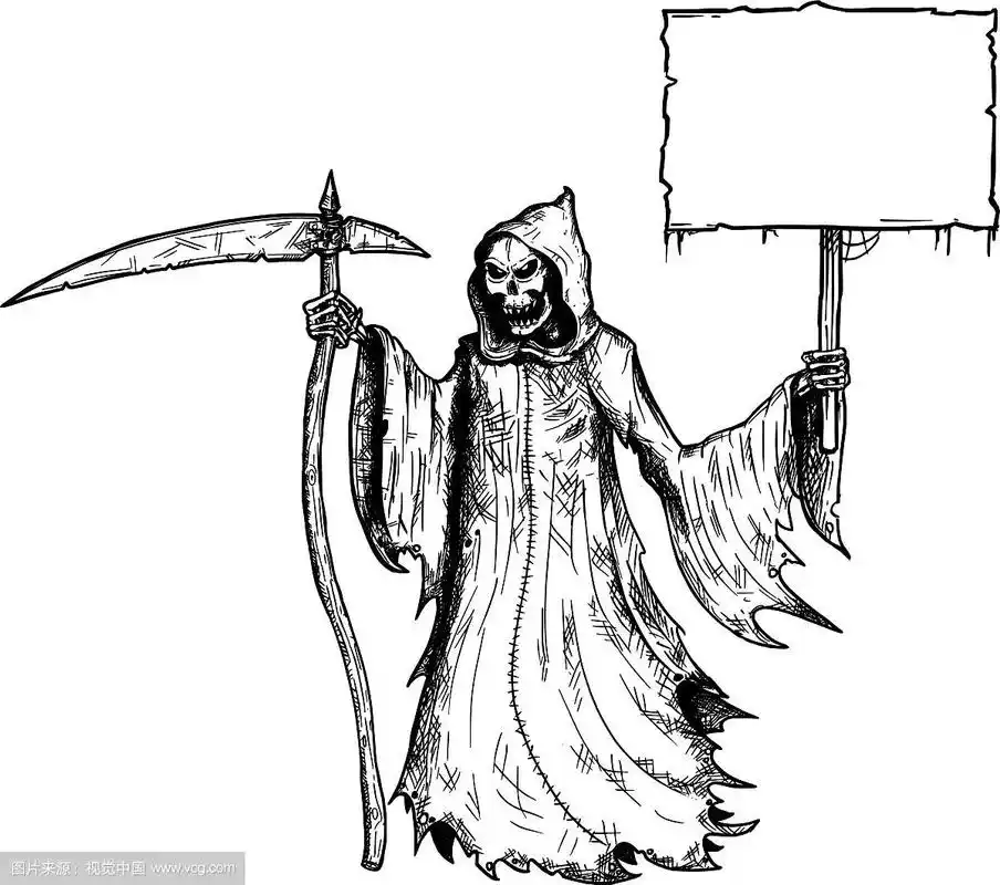卡通死神与大镰刀和黑色兜帽