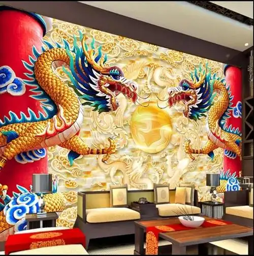 8d双龙戏珠墙纸3d立体背景墙装饰壁画祠堂5d蟠龙大殿壁纸龙纹墙布