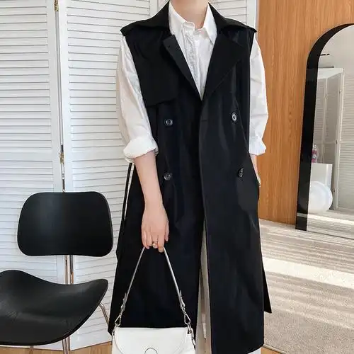 装新款韩版无袖马甲女中长款宽松坎肩背心风衣马夹外套260 黑色 l