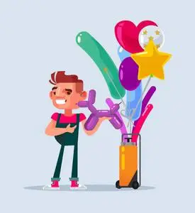 快乐的微笑卖家人物销售气球.矢量平面卡通插画照片