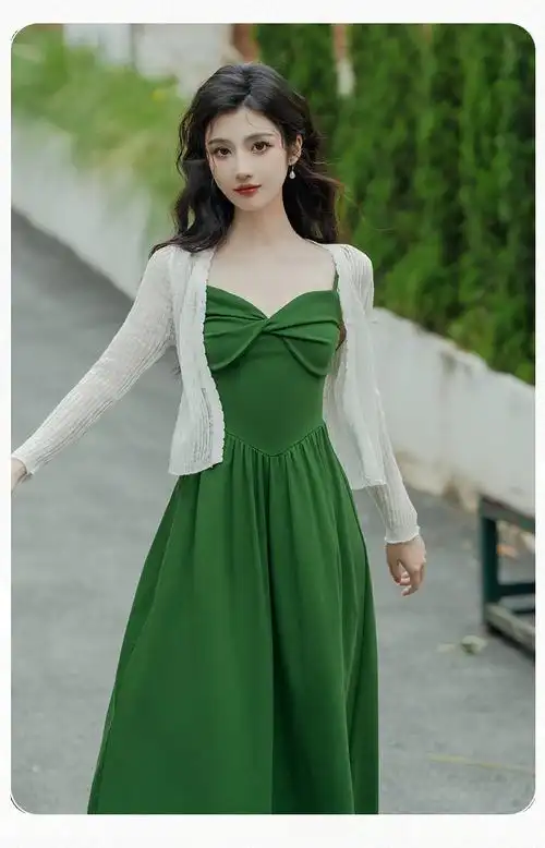 夕颜实拍上新 法式气质显白显瘦绿色吊带裙 开衫 现货 - 17网