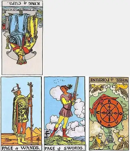 指示牌:圣杯国王逆位 过去的状况:权杖侍从正位 现在的状况:宝剑侍从