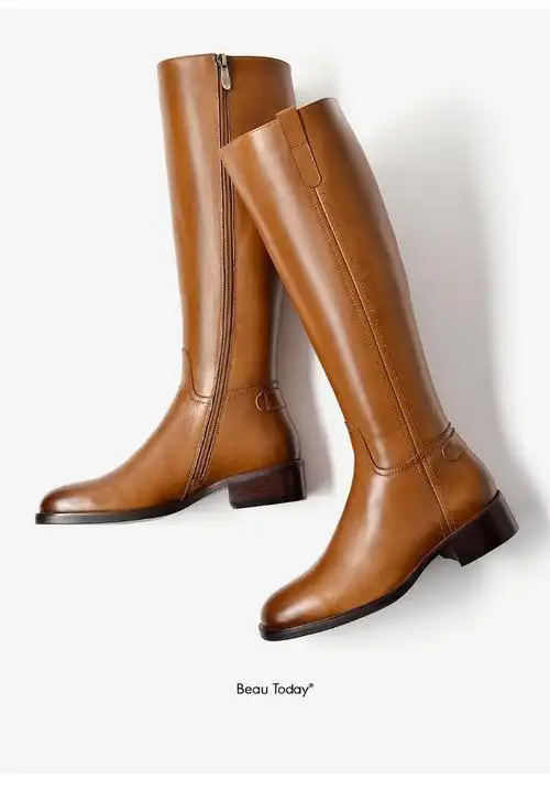 beautoday复古骑士靴女粗跟高筒靴女鞋皮鞋英伦风女士长筒靴平底女秋