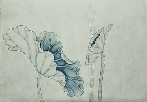 荷叶反面和叶茎用淡花青分染,荷叶正面继续分染一遍