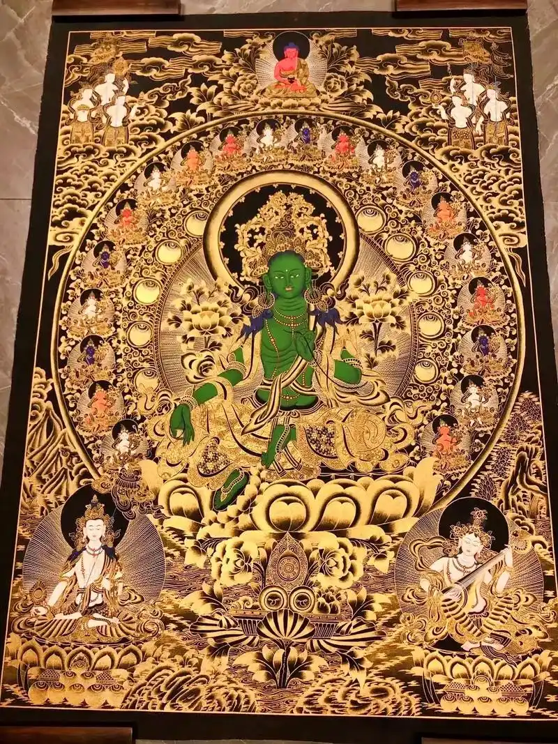 手绘唐卡.精品大尺幅彩绘黑金唐卡《二十一度母》画芯尺寸86* - 抖音