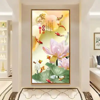 舒厅 国画荷花九鱼图挂画新中式走廊过道玄关装饰画书房禅意墙画竖版