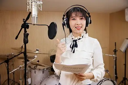 录音棚内唱歌的女性点赞图片