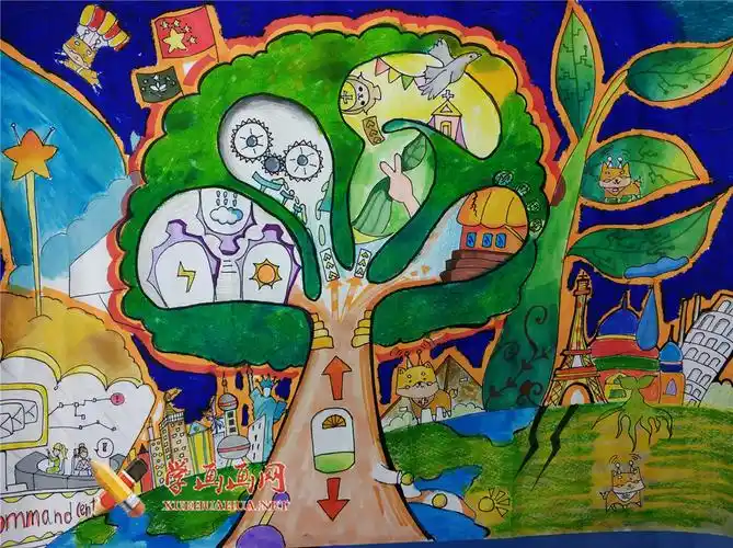 三等奖小学生科幻画《灾害预测世界树》