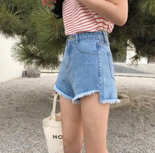 韩版牛仔短裤女夏前短后长高腰a字毛边大码宽松学生阔腿热裤卷边