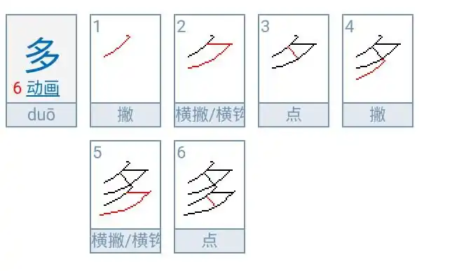 多的笔画顺序怎么写(测试题能写)请帮助我