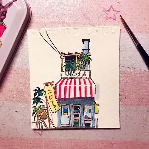 水彩插画日系小清新建筑