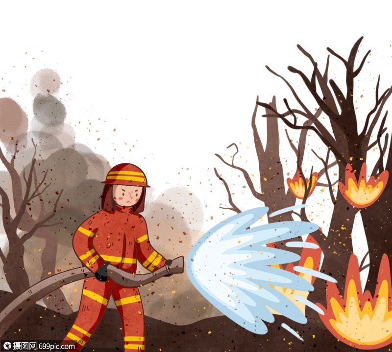 卡通风格消防员灭火元素森林手绘