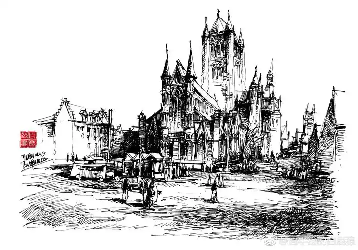 超好看的欧式建筑钢笔画