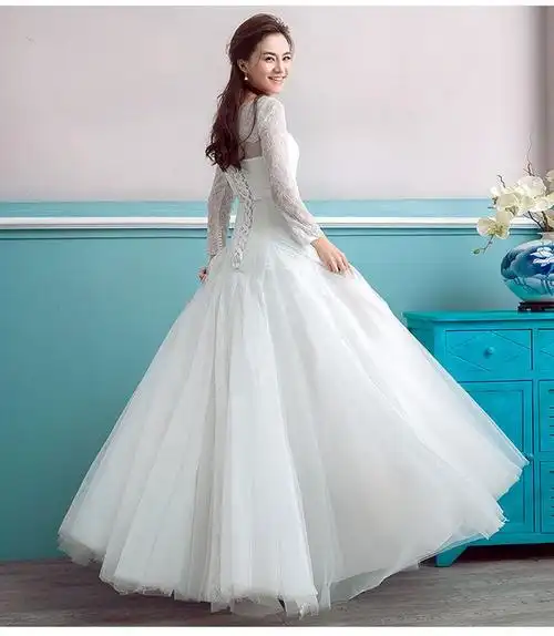 一字肩婚纱礼服2016新款韩式新娘大码修身显瘦长袖齐地婚纱冬季女-t