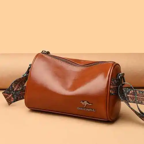 袋鼠真皮女包挎圆筒包女包222新款枕0头包大容量女士百搭单肩斜包