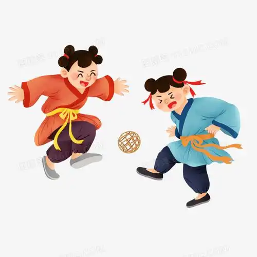 手绘古代小孩踢蹴鞠场景元素