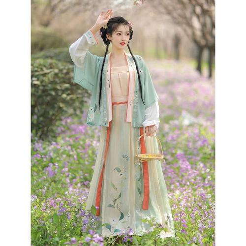 沐铭尔莱全套褙子半袖宋制汉元素对襟国风襦裙齐腰裙夏款汉服一片式