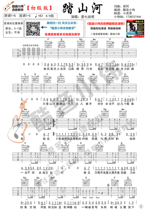 《踏山河》吉他谱初级版 酷音小伟吉他弹唱教学 提示:按f11切换浏览器