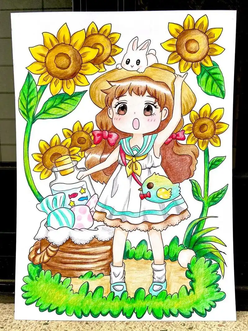 【向日葵女孩97】彩铅动漫人物q版教程儿童画 96:线稿图在后面哦