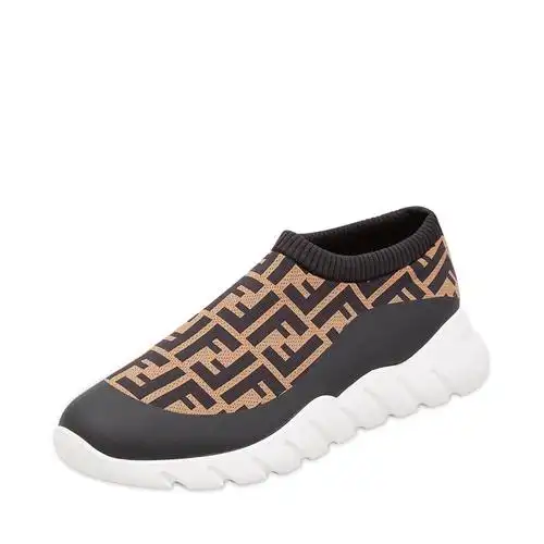 fendi芬迪黑色色咖拼接经典老花图案男式运动鞋单鞋