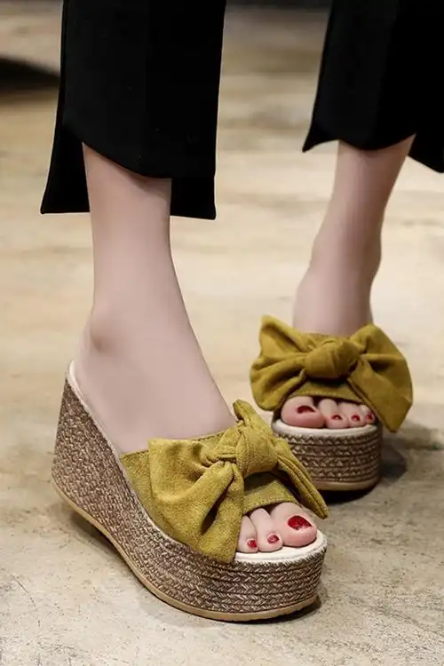 拖鞋女夏时尚2019新款蝴蝶结厚底坡跟外穿百搭一字型花朵凉拖女鞋