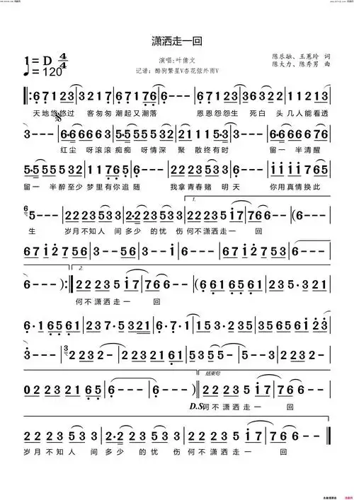 潇洒走一回简谱-叶倩文演唱-陈乐融,王蕙玲/陈大力,陈秀男词曲1