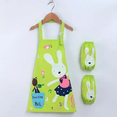 儿童围裙套袖两件套装小孩亲子绘画画围裙宝宝幼儿园吃饭围裙狮子绿色