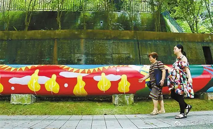 黄色裙子的白雪公主……位于莲花山北侧绿道上的一段彩绘水管格外特别