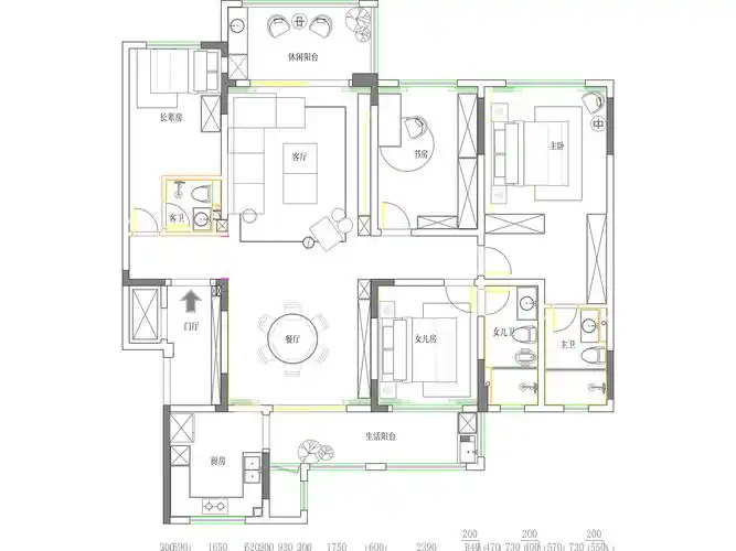 130平三居室户型图