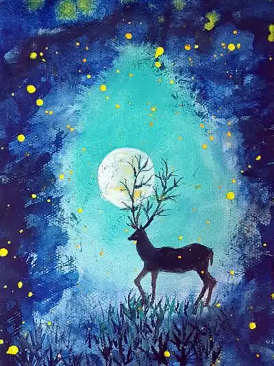 我的水彩画作品 麋鹿星空
