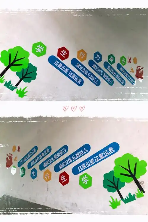 楼梯间标识着"学生行为规范",用这个软文化培育学生品德.