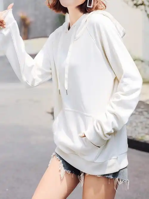 白色卫衣女连帽加绒修身