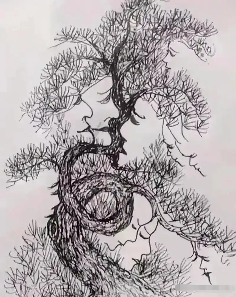 心理测试:大树找人脸!图中看到一棵松树很简单.实际上藏着好多张人脸?