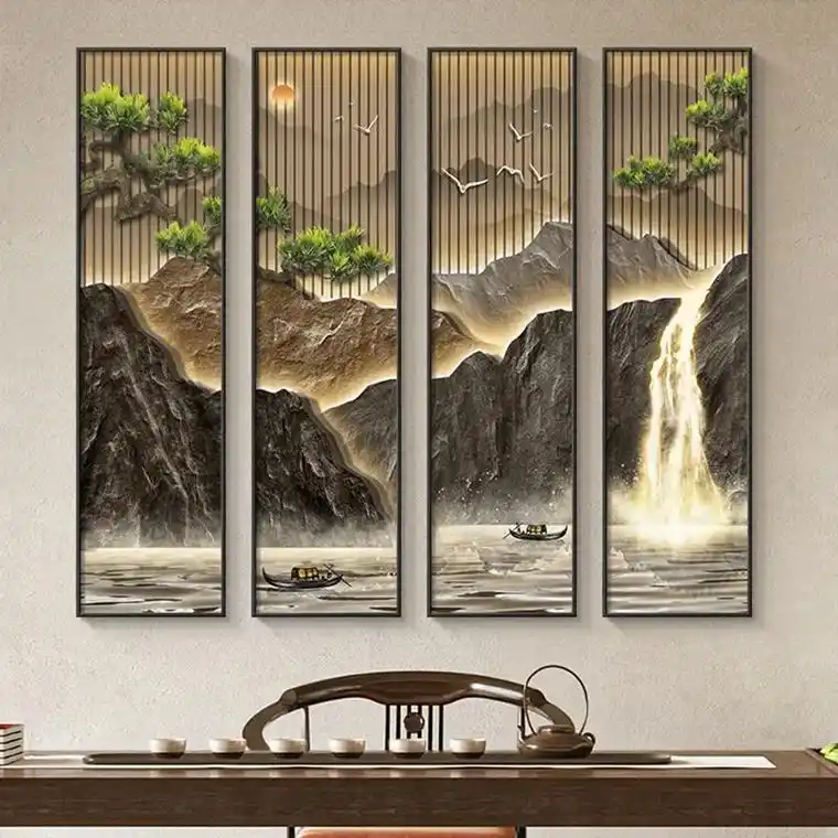 新中式客厅挂画流水生财沙发背景墙装饰山水画中堂四条屏茶室壁画