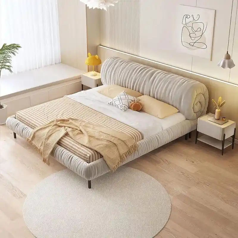 奶油风布艺床设计师软包日式花卷双人床现代简约轻奢落地 - 抖音