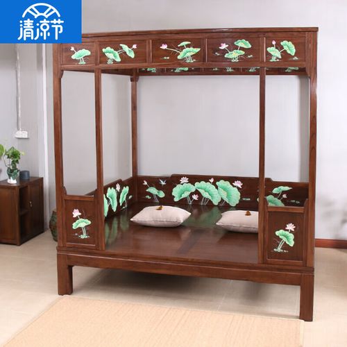 妙普乐四柱架子床 老式拔步床千工四柱描绘荷花古床架子床明清古典