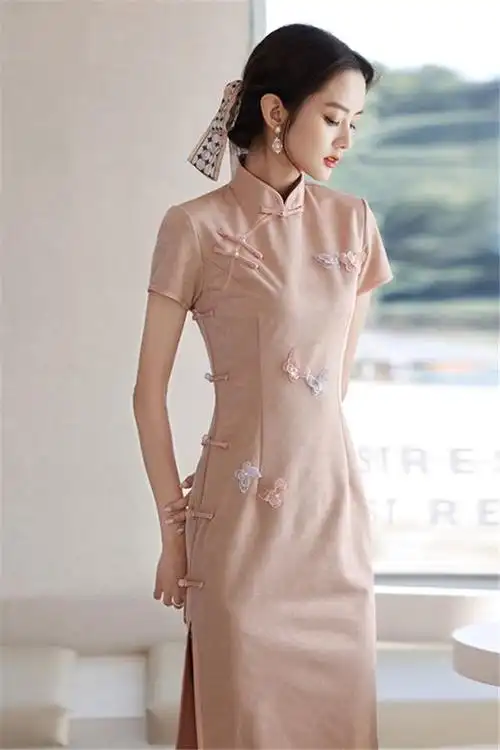 中国风夏季粉色甜美现代学生气质连衣裙中长款改良版旗袍少女日常