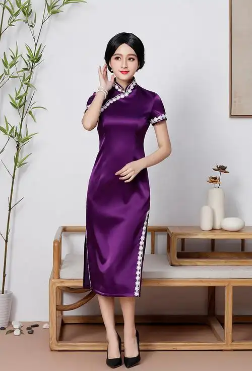 qc1697458定制新款改良时尚真丝中长款旗袍裙