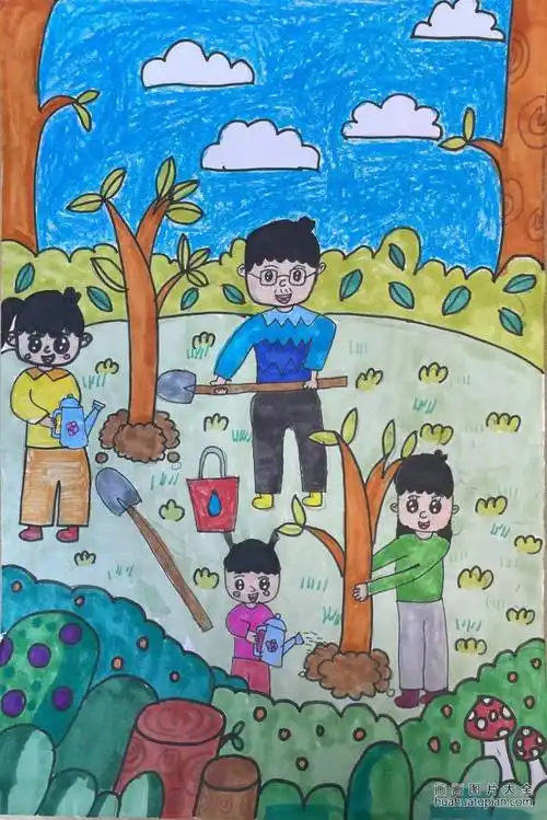 植树节绘画《种树的一家人》
