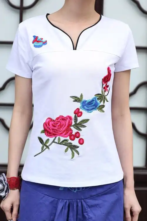 中国民族风 纯棉绣花 女士短袖t恤 青花瓷绣花均码女装