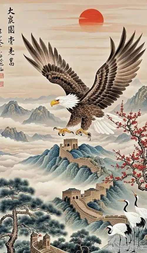 雄鹰展翅冲霄汉,鸿运载福耀九天.吉祥顺遂常相随,家和业兴万事圆