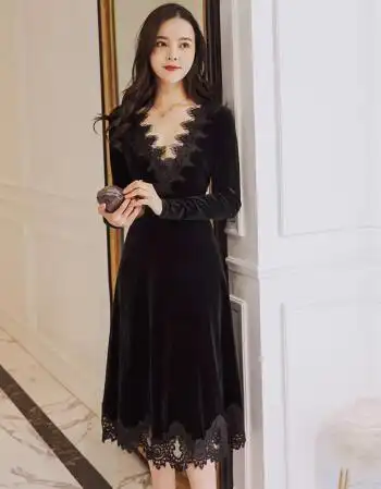 2017年冬季新款女人味衣服丝绒蕾丝性感赫本小黑裙礼服连衣裙女时尚