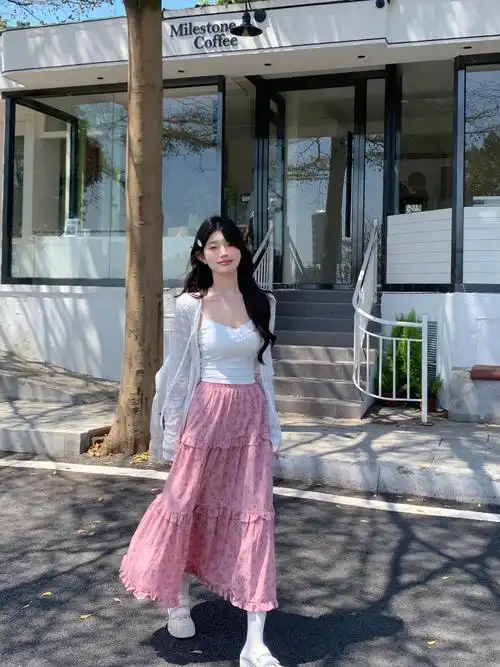 实价实拍森系高腰大摆粉色碎花半身裙女春夏显瘦气质长裙开衫套