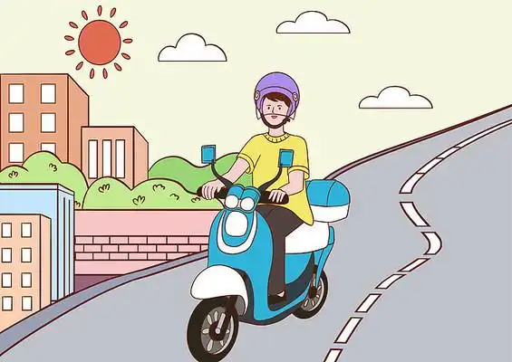 手绘卡通男孩骑电车戴头盔一盔一带场景插画