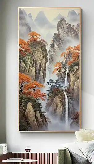 新中式浮雕肌理纯手绘山水风景油画丙烯画入户玄关装饰画